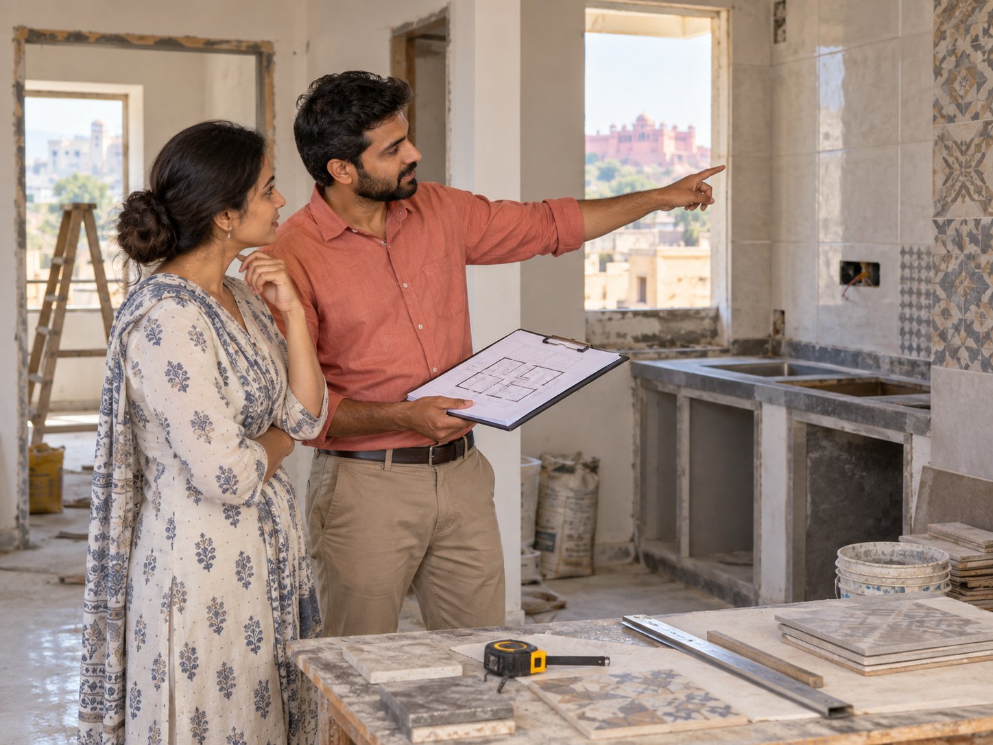 Illustrative adviser and homeowner reviewing site work