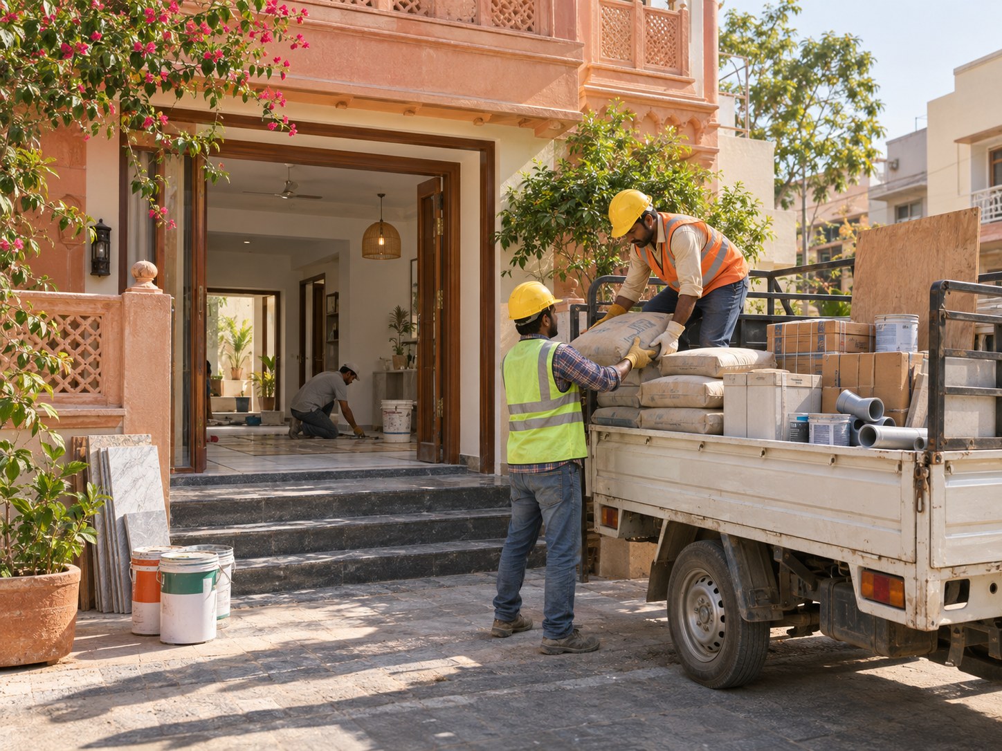 Illustrative scene of workers unloading building materials at a home under renovation